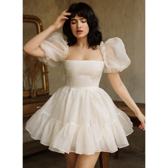 Selkie Dresses & Skirts - [Selkie] Ivory The Martini Dress Mini Ruffle Puff Sleeve Square Neck NWT Size XL